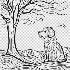 Fototapeta premium Dog, tree and landscape for kids coloring pages, black vector illustration on transparent background