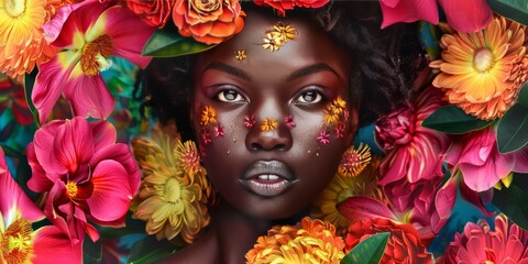 African beauty adorned with blooming flowers.