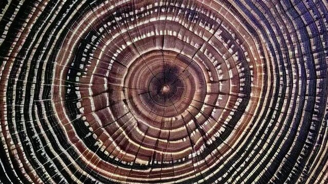 Move or cause to move in a circle around an axis or center. A close-up view of a tree trunk cross-section, revealing detailed growth rings that radiate outward from the center.
