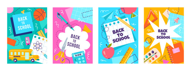 Vector posters set in trendy style with geometric shapes, design elements on school themes. Back to school, education concept
