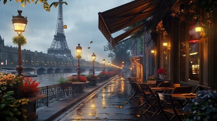 Beautiful Paris night cafe street scene AI generative illustration