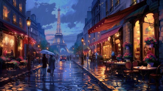Beautiful Paris night cafe street scene AI generative illustration