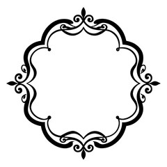 This is a digital illustration of an ornate frame, featuring a black and white color scheme and swirls. The frame is shaped like a circle with intricate details, perfect for adding a touch of elegance