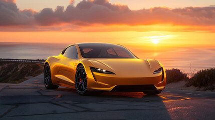 Obraz premium A sleek yellow sports car parked on a coastal road at sunset, capturing the vibrant hues of the sky and ocean