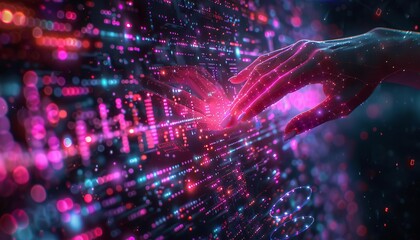 Naklejka premium Futuristic digital interface with a hand interacting with vibrant holographic data visualizations on a dark background.