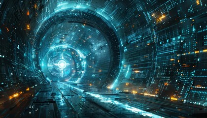 Futuristic illuminated tunnel with glowing blue lights and intricate technology, creating a cyberpunk atmosphere and sci-fi feel.