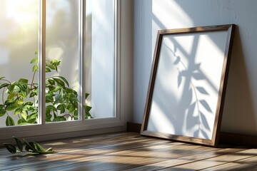 Fototapeta premium Sunlit room with a blank frame leaning against the wall, great for digital mockups and art displays