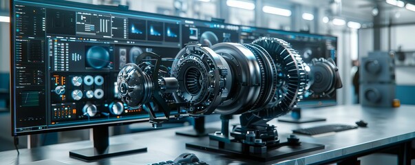 High-tech turbo machinery design in a modern lab, featuring detailed engineering schematics displayed on futuristic monitors.