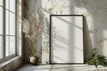 Sunlit room with a blank frame leaning against the wall, great for digital mockups and art displays