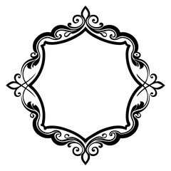 A black and white image showcasing a decorative, elegant, ornate frame. The frame is symmetrical and features intricate floral designs and swirls. Generative AI
