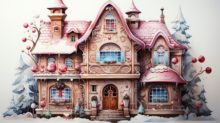 Watercolor illustration of a pastel gingerbread house with bright details, on a solid background