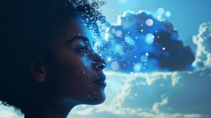 Woman with digital cloud overlay and futuristic design