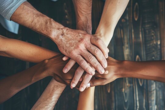 Diverse Hands Joined Together in Unity and Teamwork
