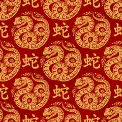 Seamless pattern happy chinese new year 2025 the snake zodiac sign with asian elements paper cut style on color background. ( Translation : happy new year 2024 year of the snake )
