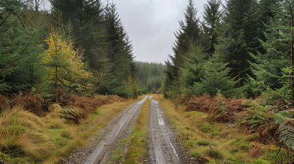 Fototapeta premium Scenic forest path with conifer trees on a misty day