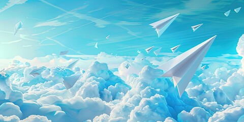 Cartoon paper planes with clouds in the sky. Send an email or message concept.