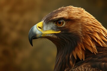 Naklejka premium Close-up detailed portrait of a majestic golden eagle, a powerful and fierce bird of prey with sharp eyes and vibrant feathers, in its natural wildlife habitat