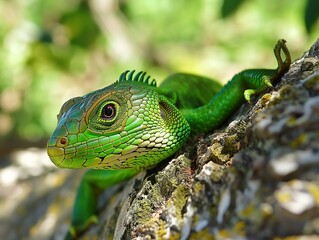 Fototapeta premium Close up of Pseudocalotes lizard with natural background, tree closeup