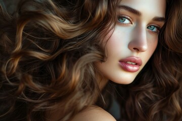 Fototapeta premium Close-up of a beautiful woman with mesmerizing eyes and voluminous, wavy hair