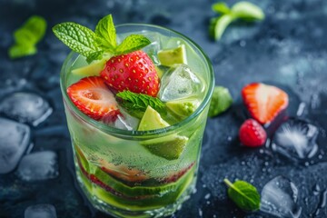 A drink with strawberries, limes, mint, and ice in a glass