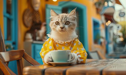 cute kitty in a bright yellow sundress holding a cup of coffee in an outdoor cafe