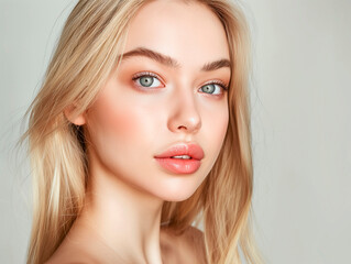 Fototapeta premium Beautiful Woman with perfect skin Portrait. Blonde Girl, empty copy space