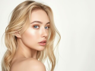 Fototapeta premium Beautiful Woman with perfect skin Portrait. Blonde Girl, empty copy space