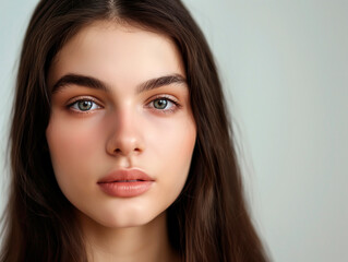 Naklejka premium Beautiful Woman with perfect skin Portrait. Brunette Girl, empty copy space