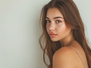 Naklejka premium Beautiful Woman with perfect skin Portrait. Brunette Girl, empty copy space