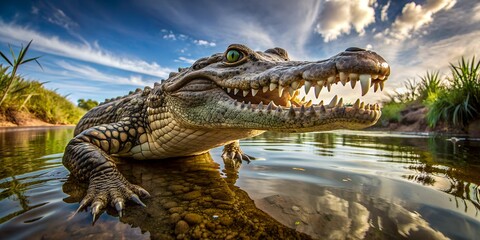 Naklejka premium Krokodil -Beeindruckende Weitwinkel Nahaufnahme