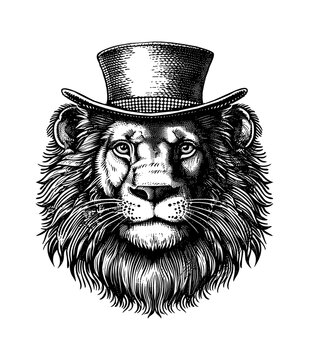 recommend clip art: lion, wears retro top hat engraving black and white outline