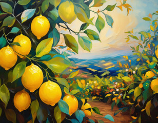 An artistic painting featuring lemons on a tree with colorful leaves, highlighting vibrant colors.