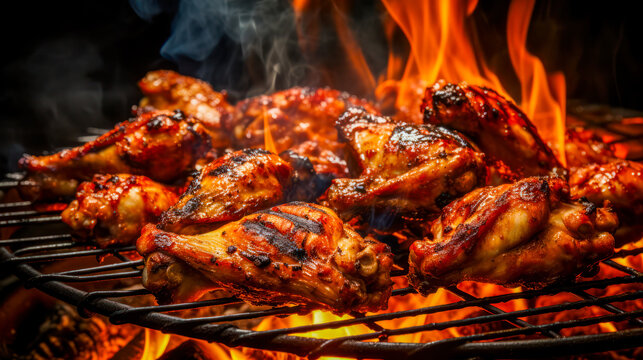 Grilled chicken wings over open flames on a charcoal grill
