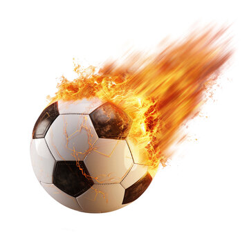 flaming soccer ball with flames trailing, transparent background