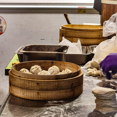 Xiaolongbao in a bamboo steamer.