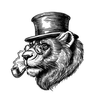 recommend clip art: lion, wears top hat and smoking pipe engraving black and white outline