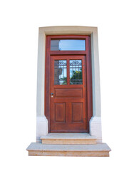 wooden door on a white background, door with stone stairs and piers