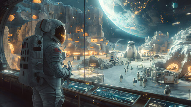 An astronaut observes a bustling lunar colony through a large window, showcasing advanced space technology and human activities on the moon