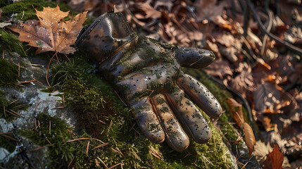 A glove is laying on a rock covered in moss