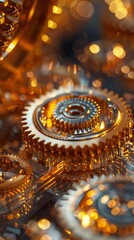 Close-up shot of intricate golden gears and cogs, symbolizing mechanical precision, technology, and engineering craftsmanship.