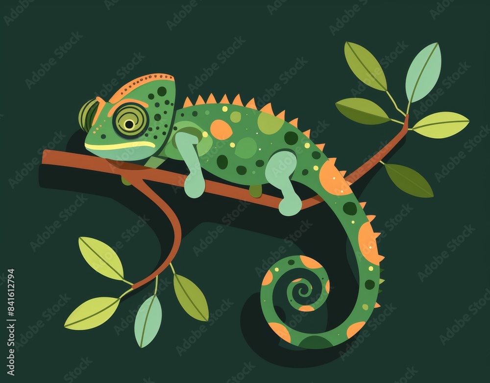 Wall mural the cute cartoon graphic of a chameleon on a branch depicts a tropical animal. cartoon character.