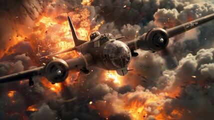 Classic bomber plane flies and leaves a trail of fire behind it. AI Generated