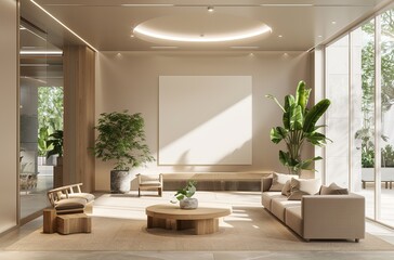 modern, office, interior, light, wood, glass, walls, reception, desk, sofa, window, parquet, floor, mockup, white, board, daylight, bright, professional, inviting, atmosphere, sleek, clean, contempora