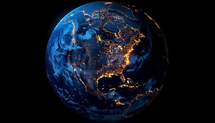 Obraz premium Stunning view of Earth from space at night, showcasing illuminated cities and beautiful natural landscapes under the vast dark sky.