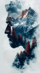 Surreal digital art of a man's profile blended with a mountainous landscape, evoking themes of nature and inner exploration.