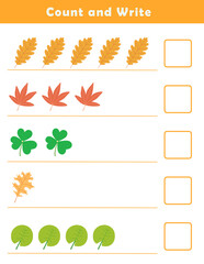 Count and write numbers 1-5. Counting objects worksheet for kids. Educational fun game for children. Kindergarten Counting Worksheet.