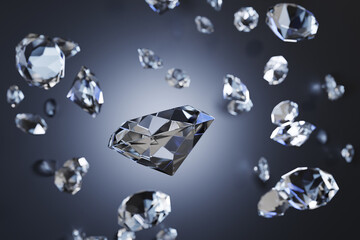 Many transparent and clear diamond scattering and floating in mid air on dark background. Illustration of the concept of luxury , wealth and jewellery industry