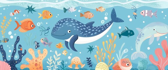 Underwater animals on seabed. Cartoon sea creatures at sea bottom, coral reef stone plants at sea bottom, marine habitat life under water, clever modern illustration.