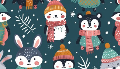 Cartoon animals wearing warm winter scarves and hats. Polar bear, bunny, raccoon, penguin. Red, white, and black modern background.