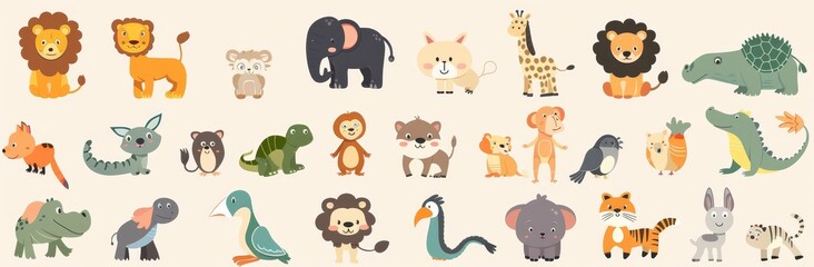 Embroidered seamless pattern with lion, toucan, parrot, crocodile, zebra, elephant, sloth from the tropical jungle. This pattern would be perfect for fabrics, childrens clothing, textiles, and